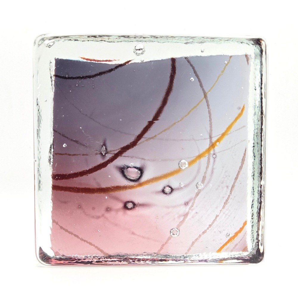 Handmade Abstract Art Fused Glass Paperweight Square Purple Swirl Block 4in